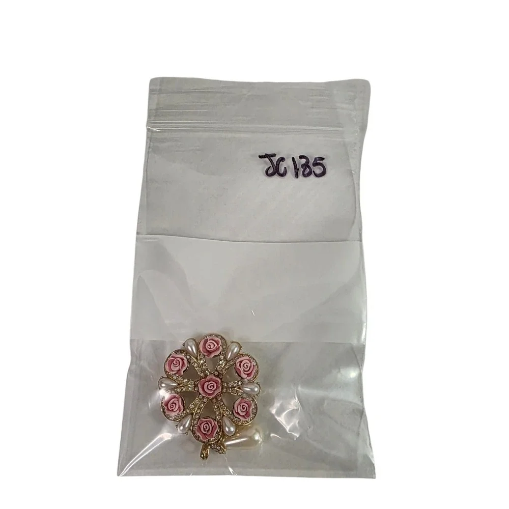 Avon Pink Rose Brooch Faux Pearl Dangle  Gold Tone Rhinestone Pin Cottagecore